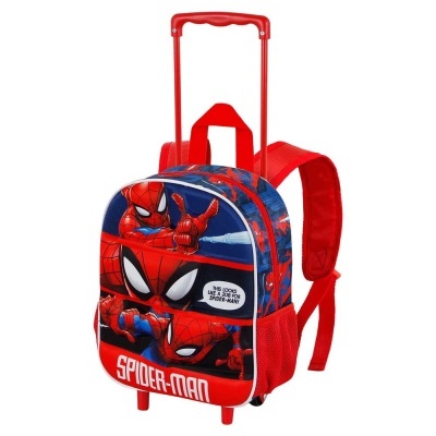 Mochila de rodinhas infantil vermelha e azul com estampado do Spider-Man e texto em inglês.