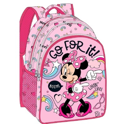 Mochila rosa infantil com estampa da Minnie Mouse e frases motivacionais.