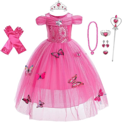 Conjunto de vestido rosa de princesa com acessórios cor-de-rosa e prata