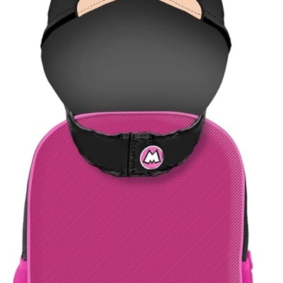 Mochila rosa com máscara preta da Minnie com orelhas e laço rosa às bolinhas brancas