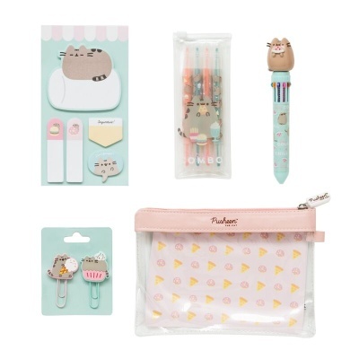Conjunto de papelaria Pusheen com blocos, caneta, clips e bolsa transparente