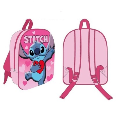 Mochila cor-de-rosa para crianças com personagem Stitch e coração vermelho