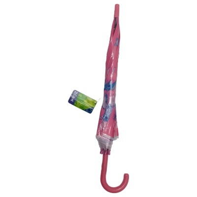 Guarda-chuva rosa fechado com padrão floral e etiqueta INCA SPAIN