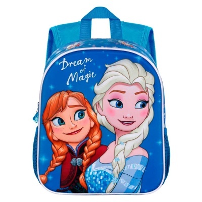 Mochila azul infantil com personagens de Frozen e texto Dream of Magic