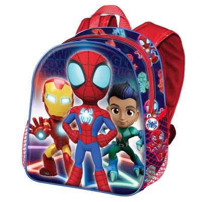 Mochila infantil com Homem-Aranha e Homem de Ferro em vermelho e azul
