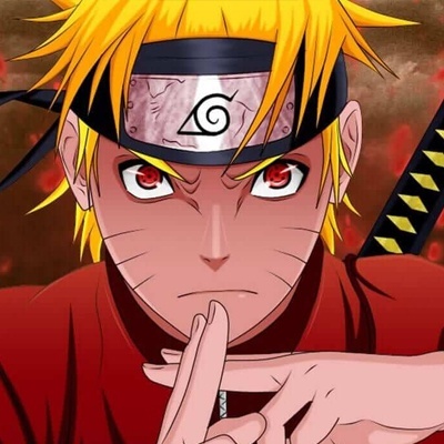 Personagem de anime com bandana metálica e olhos vermelhos em pose de mãos