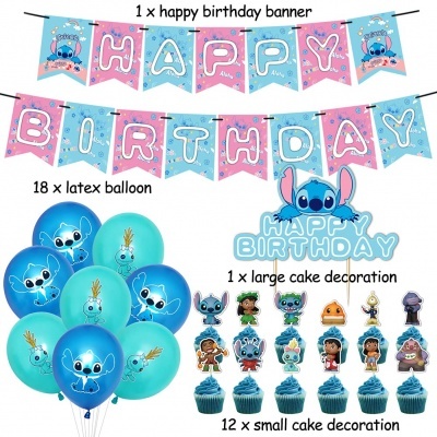 Conjunto de decoração para festa de aniversário com tema Stitch com faixa, balões e decorações para bolo e cupcakes