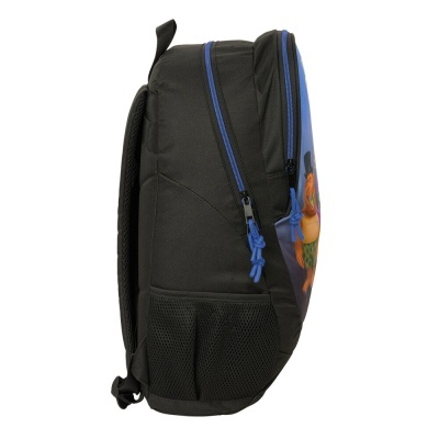 Mochila infantil preta com bolsos em rede e fechos azuis