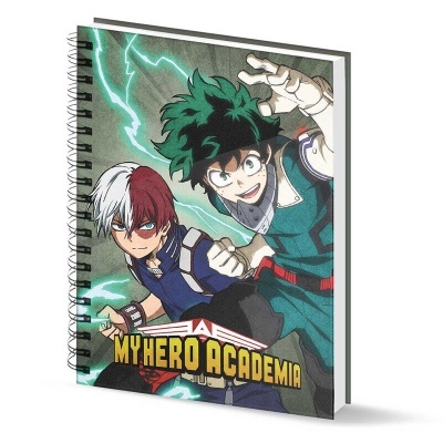 Caderno My Hero Academia com capa ilustrada de dois personagens e raios azuis