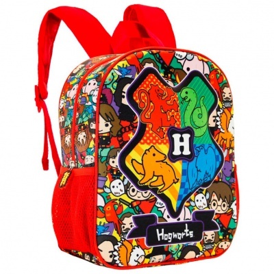 Mochila infantil vermelha com padrão colorido de personagens e emblema Hogwarts