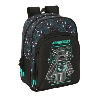 Mochila Minecraft preta com padrão geométrico azul e branco