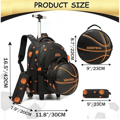 Mochila escolar com rodas e bolsos temáticos de basquetebol preto e laranja