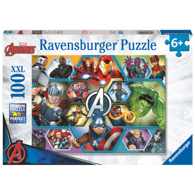 Caixa de quebra-cabeças Ravensburger Marvel Avengers com 100 peças XXL e personagens coloridos