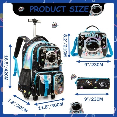 Conjunto escolar com mochila, lancheira e estojo com tema espacial e astronauta.