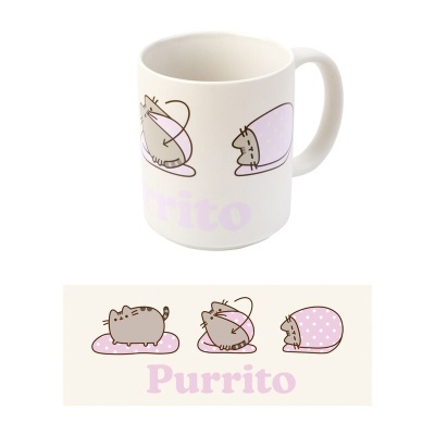 Caneca branca com desenhos de gato cinzento e texto Purrito