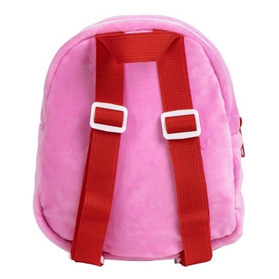 Mochila pequena rosa com alças vermelhas ajustáveis