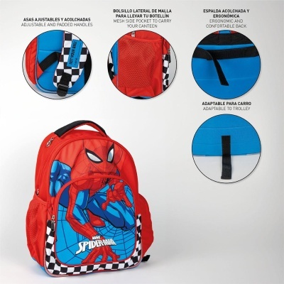 Mochila infantil Homem-Aranha vermelha e azul com bolsos de rede e alças ajustáveis