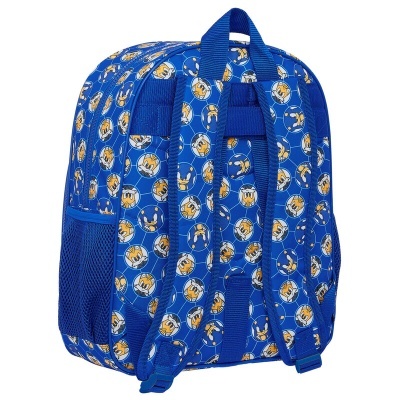 Mochila escolar azul com padrão de bolas de futebol amarelas