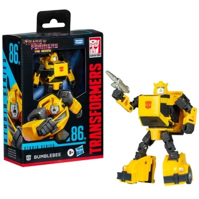 Figura de ação amarela e preta do Transformers Bumblebee com embalagem