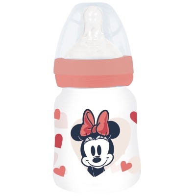 Biberão branco com tampa rosa e desenho da Minnie