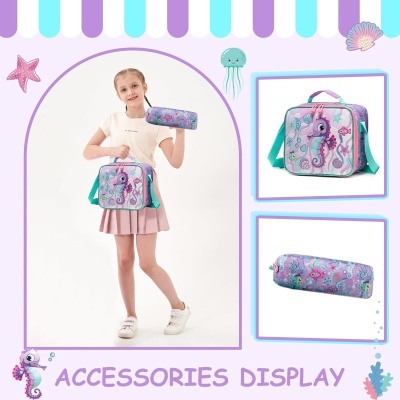Estojo e mala infantil com padrão de polvo e tema marinho lilás, azul e rosa