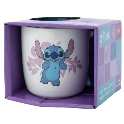 Caneca branca com personagem Stitch embalada numa caixa roxa