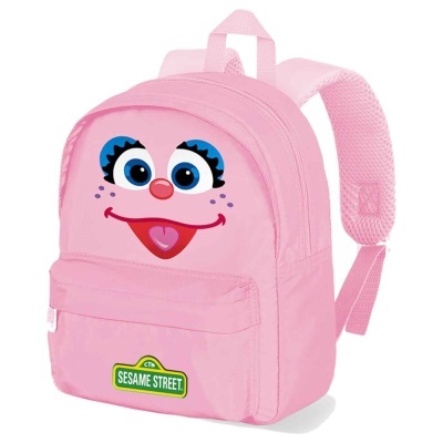 Mochila rosa com rosto de personagem e etiqueta Sesame Street