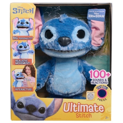 Pelúcia azul interativa do Stitch em caixa com texto promocional e botão para experimentar som