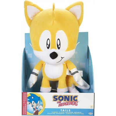 Boneco de peluche do personagem Tails de Sonic The Hedgehog numa caixa azul e branca