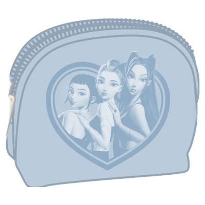 Bolsa azul claro com imagem de três personagens femininas dentro de um coração