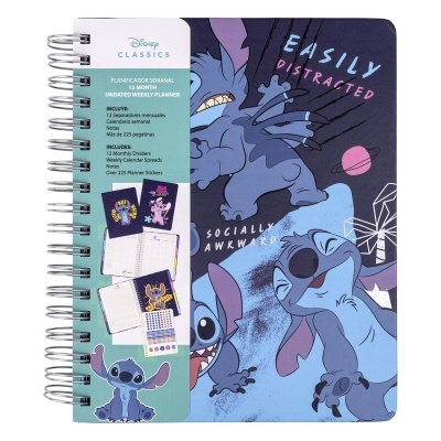 Planner semanal com capa do Stitch em azul escuro e letras coloridas