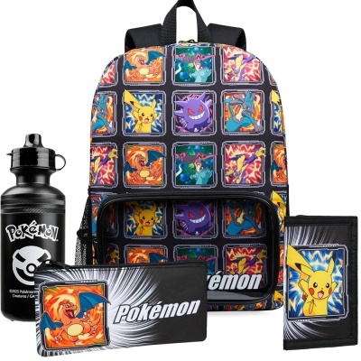 Conjunto de mochila e acessórios Pokémon com padrões coloridos