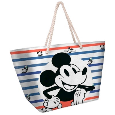 Mala tipo saco com padrão de riscas e imagens do Mickey Mouse