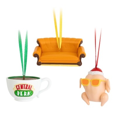 Enfeites de Natal Friends de sofá amarelo, caneca Central Perk e frango com chapéu de Natal