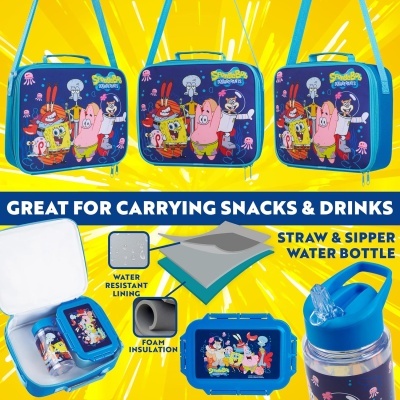 Mala Térmica Infantil SpongeBob azul com personagens e garrafa de água com palhinha