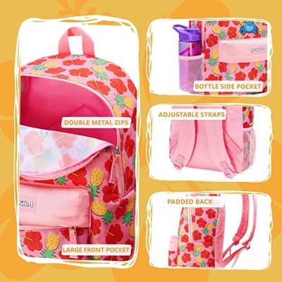 Mochila rosa com flores coloridas e bolsos