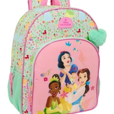 Mochila infantil rosa com estampado de princesas da Disney e padrões florais coloridos