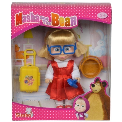 Boneca Masha com vestido vermelho e óculos azuis numa caixa rosa com bolinhas brancas