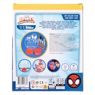 Embalagem de luz noturna Spidey Amazing Friends Junior da Marvel com imagens e texto nas cores azul, vermelho e amarelo