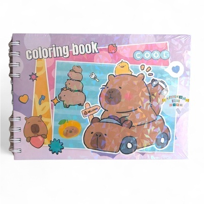 Livro de colorir com capa lilás e ilustrações de ursos e um pato