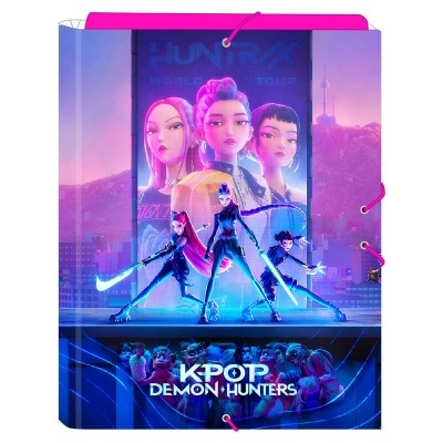 Pasta de arquivo KPOP DEMON HUNTERS com personagens estilizadas em fundo urbano colorido