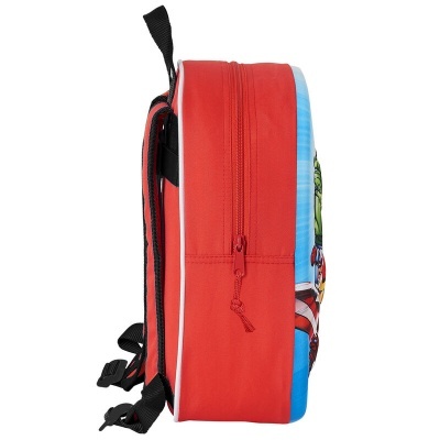 Mochila infantil vermelha e azul com fecho de correr e alças pretas