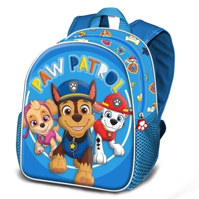 Mochila infantil azul com personagens Paw Patrol e texto PAW PATROL.