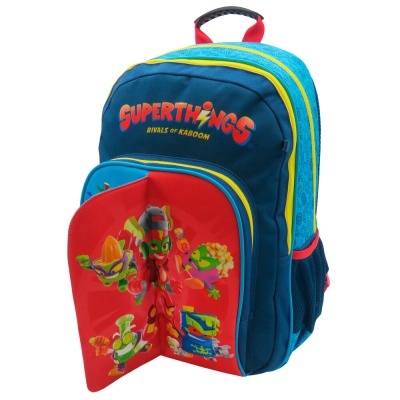 Mochila azul com personagens coloridos e texto SUPERTHINGS RIVALS OF KABOOM