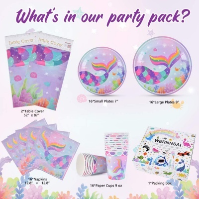 Conjunto de festa com artigos decorados com tema de sereia colorida