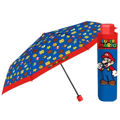 Guarda-chuva Super Mario azul com ícones e estojo azul com Mario