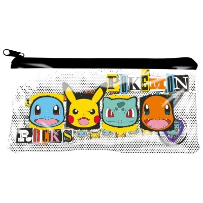 Estojo escolar branco com pontos pretos e personagens Pikachu, Squirtle, Bulbasaur, Charmander