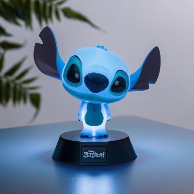 Candeeiro de mesa com personagem Stitch azul sobre base preta iluminada