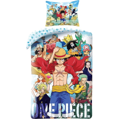 Conjunto de cama infantil One Piece com personagens coloridos e texto grande