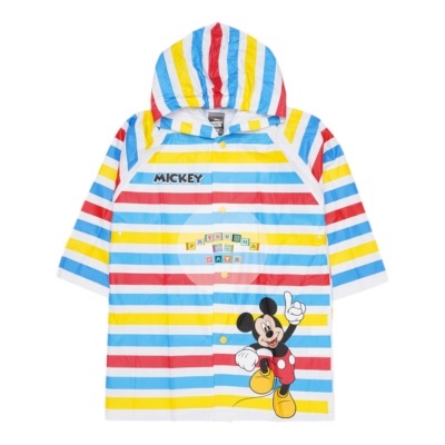 Capa de chuva de criança com padrões de riscas coloridas e personagem Mickey